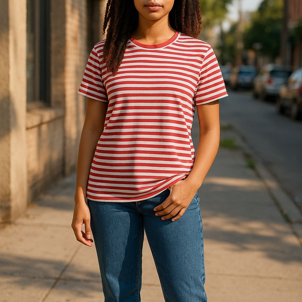 Casual Red and White Striped Women's Tee